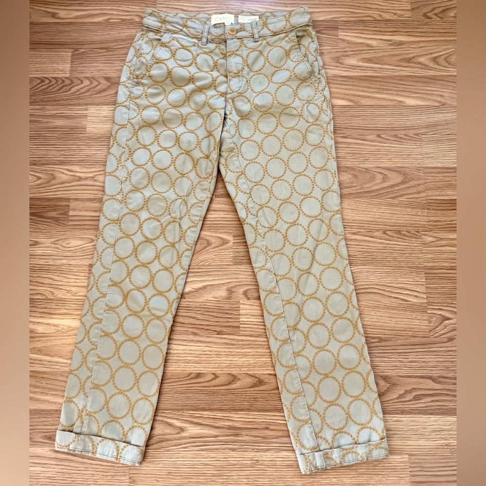Anthropologie Relaxed Chino Gray Orange Embroidered Circle Pattern Pant Women 27